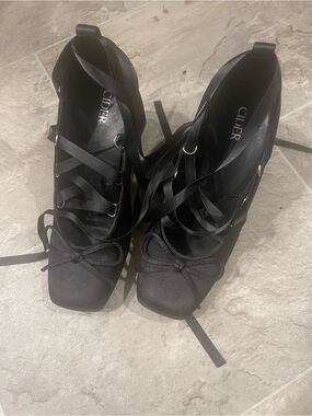 Cider Black Satin Lace-Up Square-Toe Heels